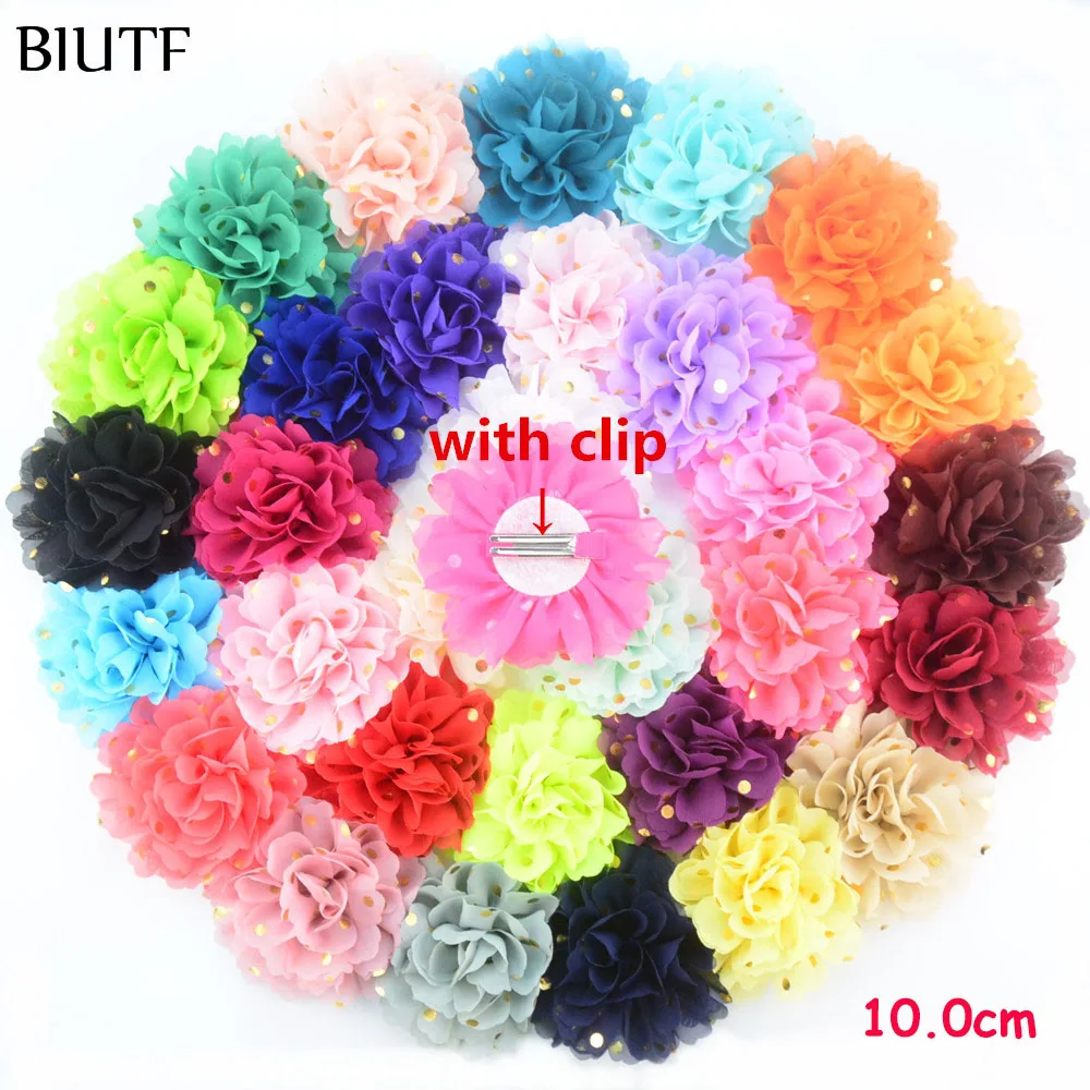 

Wholesale 100pcs/lot Chic Flower Hairclip 4'' Gold Polka Dot Chiffon Flower Hairpin School Girl Headwear 32 Color U Pick H0252