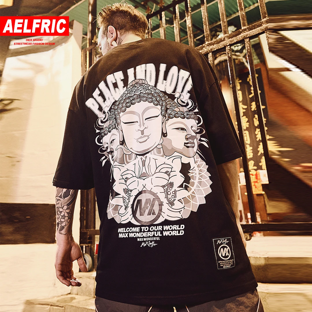 

AELFRIC Chinese Style Buddha Statue Printed T Shirts 2019 Summer Casual Streetwear Mens Tops Tees Hip Hop Male Cotton T Shirts