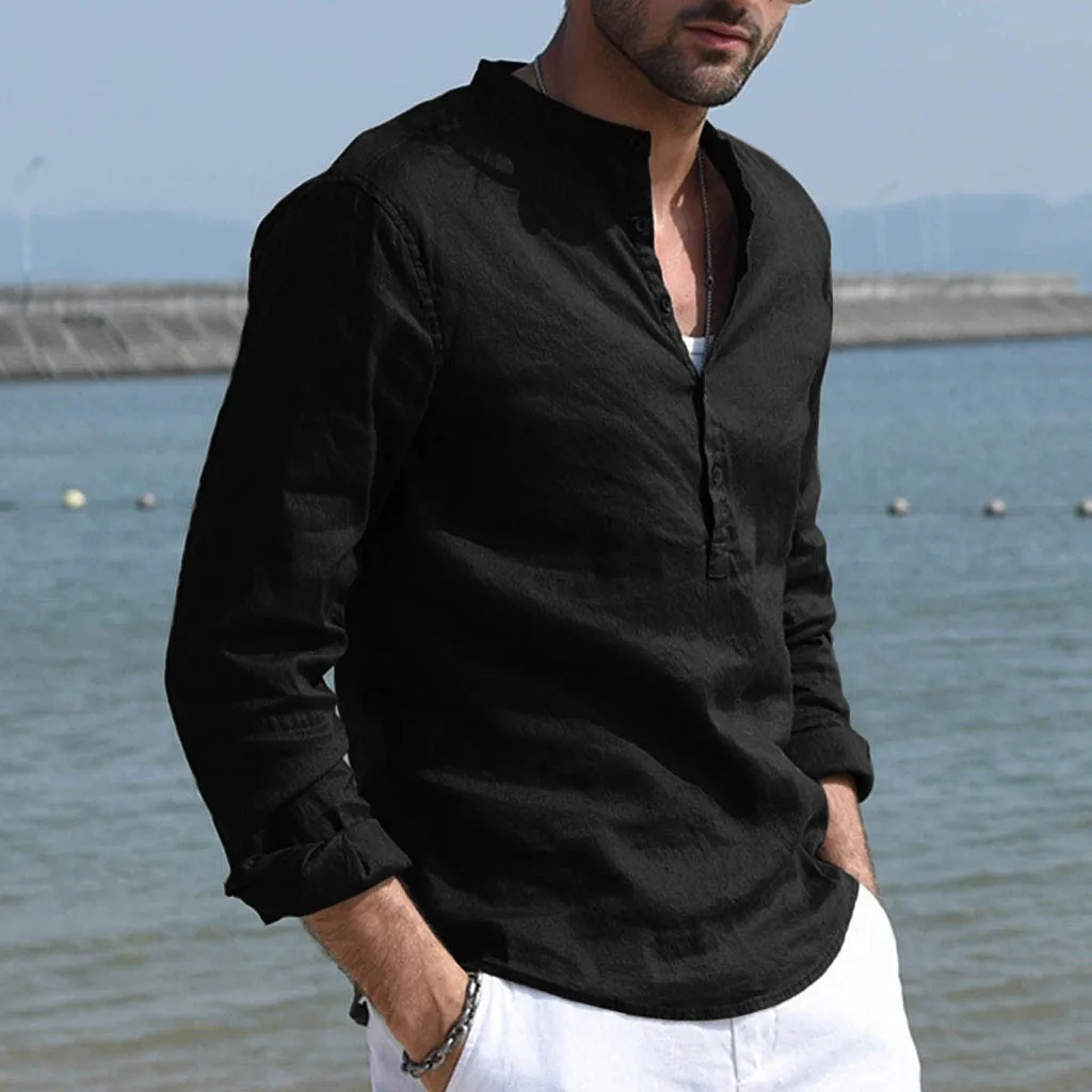 JAYCOSIN новые летние мужские рубашки мешковатые хлопковые льняные Однотонные блузки в стиле ретро с длинными рукавами и стоячим воротником мужские рубашки 9624