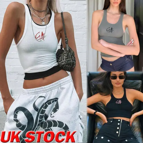 

New Fashion Womens Solid Casual Sleeveless Letter Printed Top Tee Sport Slim T-Shirt Size S-L 3F21
