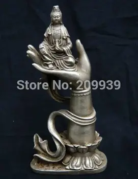 

huij 006568 Tibet Buddhist Silver Kwan Yin Buddha Hand Statue