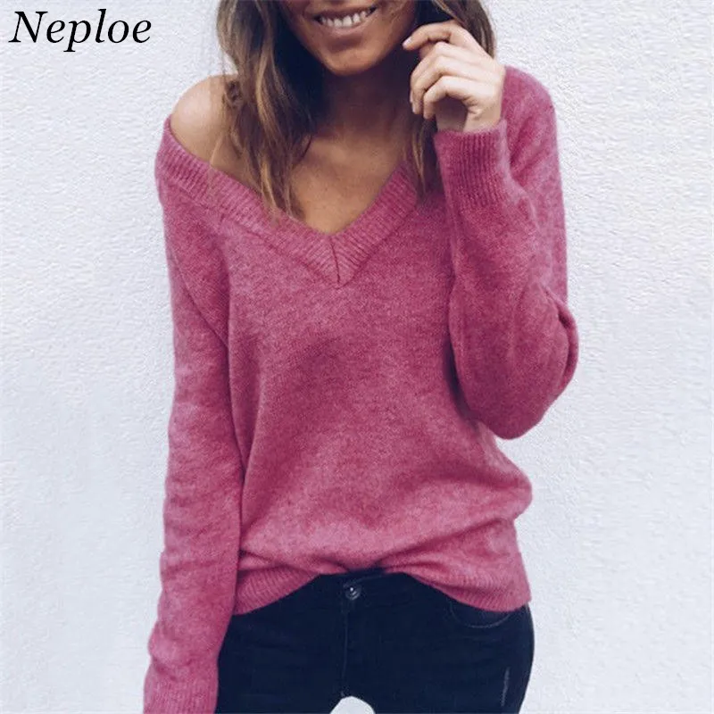 Neploe Women Sweaters 2019 Autumn Deep V Neck Pullover Sweater Fashion ...