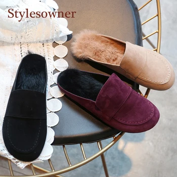 

Winter Rabbit Fur Warm Casual Slipper Kid Suede Closed Toe Half Slippes New Coming Round Toe Flat Heel Mules Lazy Woman Shoes