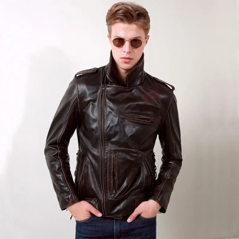New Autumn Motorycycle Cow Genuine Leather Jacket Men Slim Turn-dowm Collar Zipper Lace Up Vintage Moto Real Male | Мужская одежда