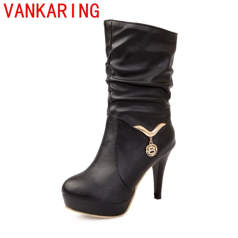

VANKARING shoes 2017 women mid calf boots sweet style modern fashion round toe thin heels high quality short plush riding boots