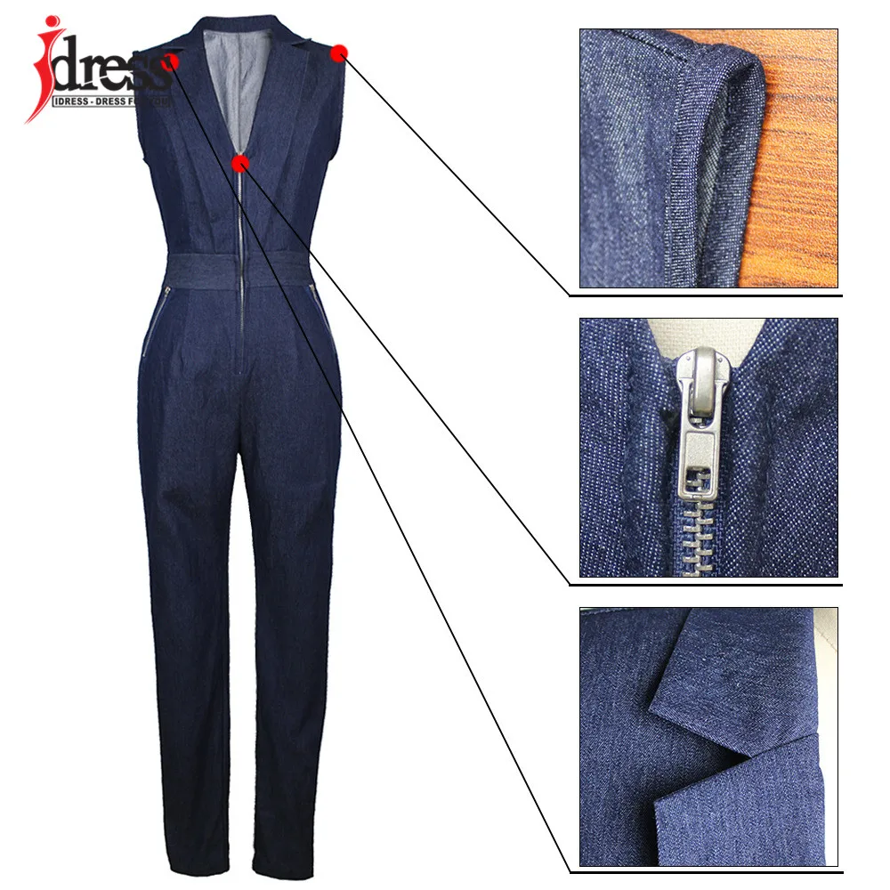 IDress Women Jeans Jumpsuit Denim Long Pants Sexy Deep V Neck Slim Overalls Jumpsuit Girl Sleeveless Club Wear Bodysuit Romper (3)