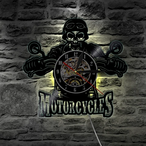 Relógio de Parede com Iluminação Peça Motocicletas Crânio Vinil Registro Led Moto Motociclista Parede Pendurado Iluminação Decorativa 1