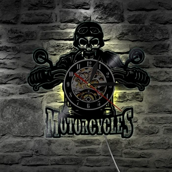 

1Piece Motorcycles Skull Vinyl Record Wall Clock With LED illumination Motorbike Biker Skull Wall Hanging Decorative Lighting