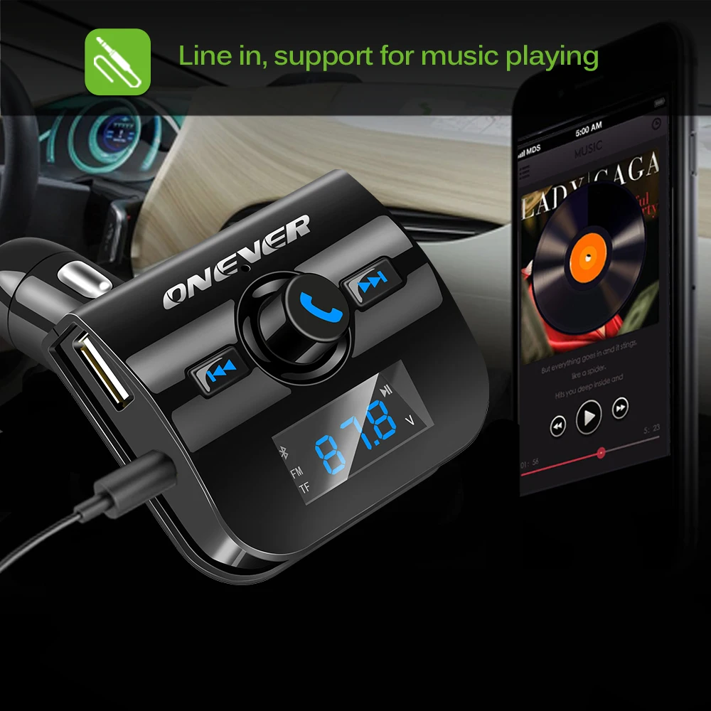 Onever Автомобильный MP3-плеер Bluetooth FM передатчик Беспроводной аудиомодулятор Handsfree car комплект Поддержка USB флэш-памяти SD/TF диск FLAC
