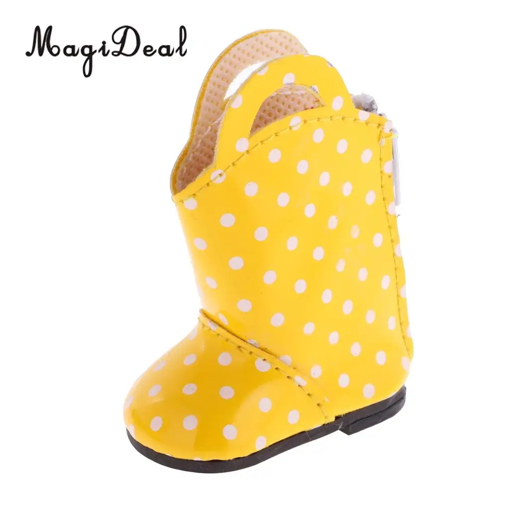 MagiDeal 1 Pair PU Leather Yellow Dots Zipper Back Boots Shoes for 18 Inch   Dolls Baby Outdoor Rain Wear Accs