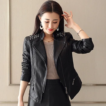 

2020 Spring And Autumn New Women's Slim Short Leather Jacket Rivet Motorcycle Leather Jacket