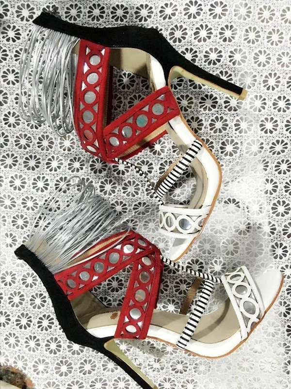

Noverlty Gladiator Sandals Mixed Color Stripe Pattern Patchwork High Heel Polka Dot T Bar Decor Hollow Strappy Sandals Shoes