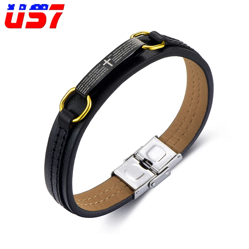 

US7 Genuine Leather Cross Bracelets & Bangles Stainless Steel Charm Fiber Bangle for Men Fashion Jewelry Gift