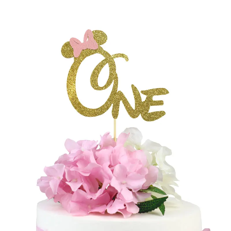 

Gold Pink Glitter Cake Topper Minnie Cake Topper First Birthday Party Cake Stick One Minnie Cake Decoration Girl Baby Shower