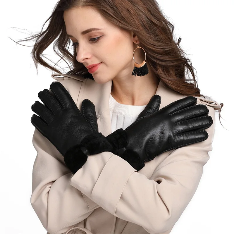 Зимние перчатки для женщин, дизайнер, тяжелый тип, натуральная кожа, шерсть, меховые перчатки, милые девушки, овчина, кожа, очень теплые зимние варежки