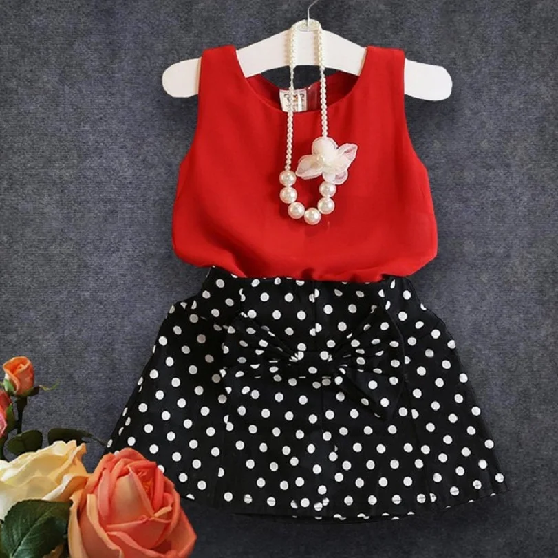 

2pcs Girls Vest Pleated Dress Two Pieces Set Clothes Children Dot Skirt Suit Baby Girl Clothes sets Summer children clothing