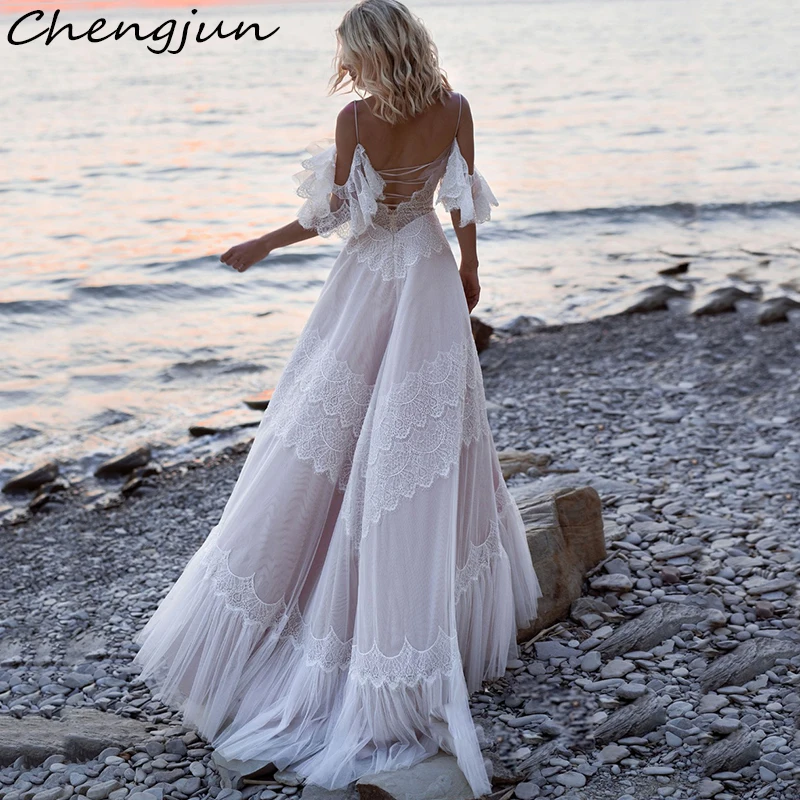 Chengjun сексуальное повседневное Спагетти ремень Многоуровневое кружевное богемское свадебное платье с открытой спиной