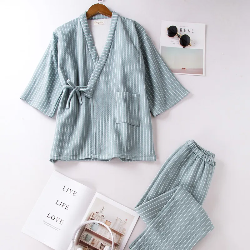 Женские пижамные комплекты, зимнее нижнее белье Yukata, японский халат-кимоно, хлопковые костюмы, ночная рубашка, одежда для сна, халат, домашняя одежда для отдыха - Цвет: green sets