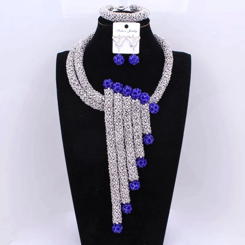 

4UJewelry Trendy Dubai Jewelry Sets Silver & Royal Blue Nigerian Bridal Jewellery Set 3 Pic Necklace and Earrings Bracelet 2018