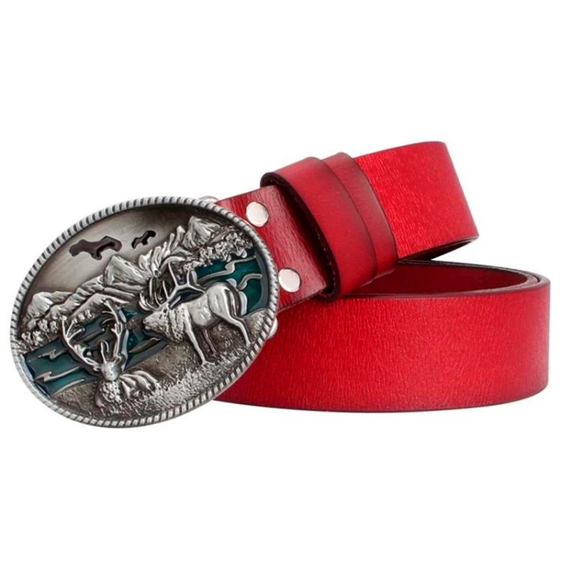 Fashion men leather belt cowboy elk pattern buckle belt north American
