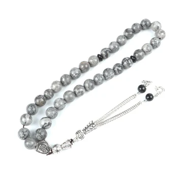 

Natural Map Stone Tiger Eye Stone Green Jade Stripe Agate 33pcs Tesbih 8mm Bead for Muslim Prayer Rosary Tassel Silver Bracelet