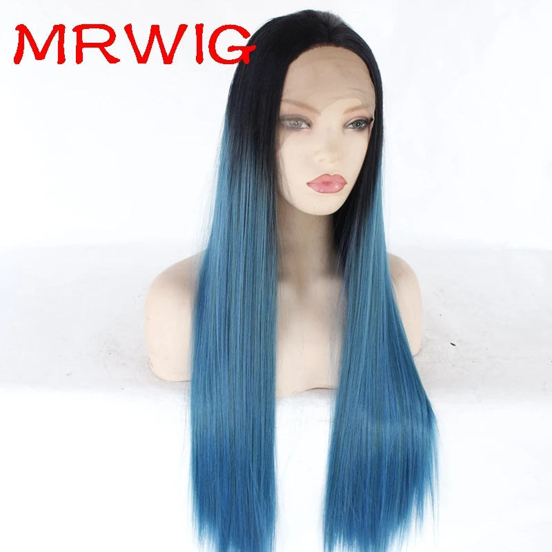 MRWIG 26in 150%Denstiy 8in Black Hair Color 1b# Black Ombre Mixed-Blue Color Free Part Synthetic Glueless Lace Wig