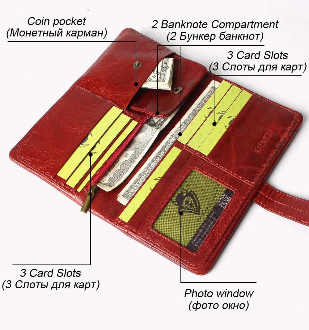 Для женщин мода RFID Красного Цвета Длинный кошелек из натуральной масло воск натуральной кожи Двойные кошельки Кошелек Винтаж дизайнерский