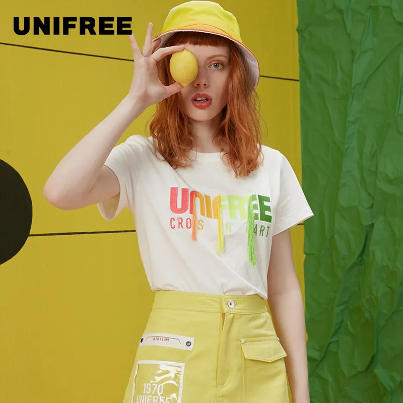 UNIFREE 2019 Лето Новое поступление белая женская футболка с бахромой коротким