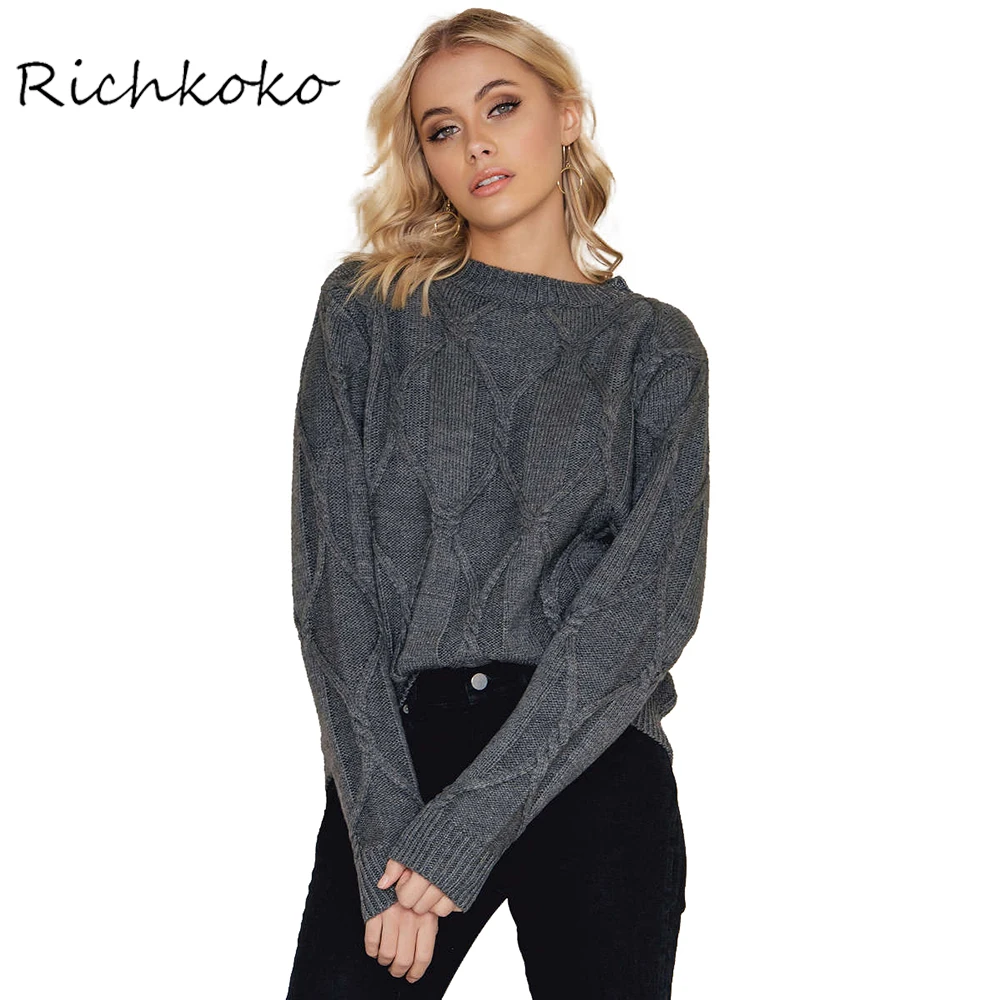 Image RichKoKo Dark Grey Crew Neck Sweaters Casual Long Sleeve Women Knitting Pullover 2017 Autumn Winter Tricot Sweater Tops