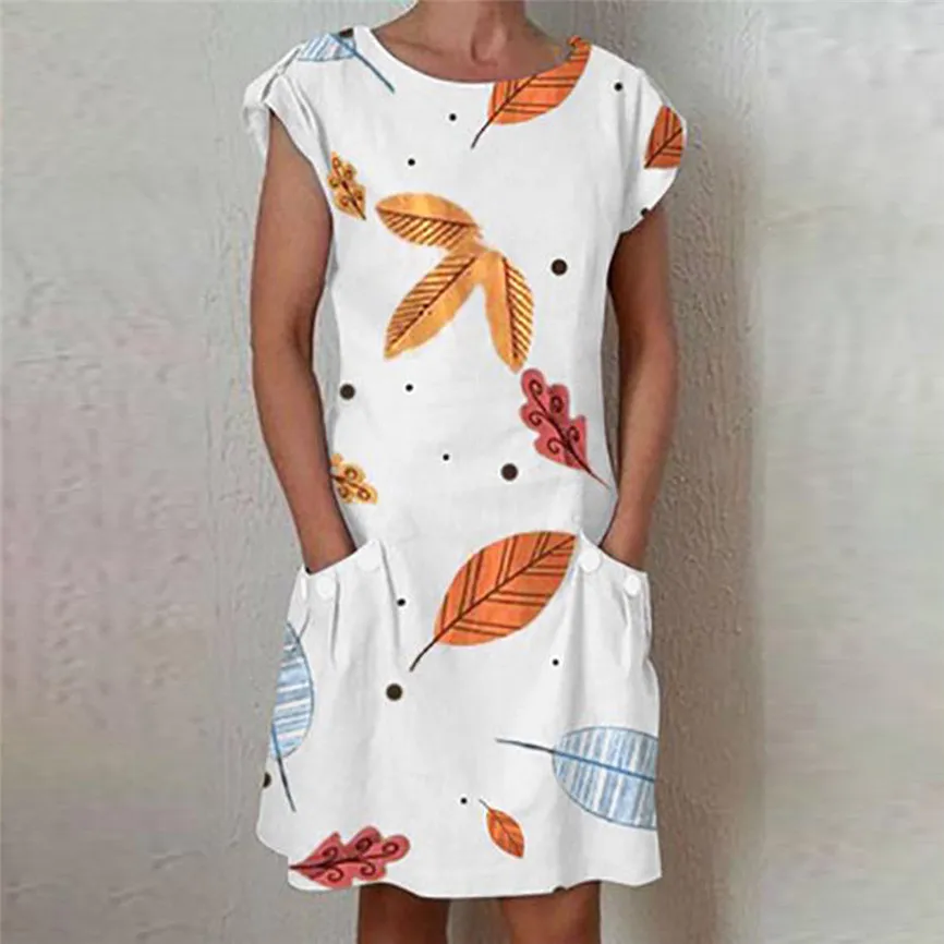 

Summer Dress Women 2019 New Fashion Beach Dresses Women's Short Sleeve Crew Neck Print with Pocket Dress Party Dresses Vestidos