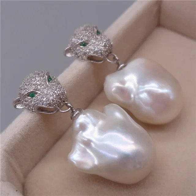 

charming Free Shipping **Genuine Natural White Baroque Reborn Keshi pearl Leopard earring