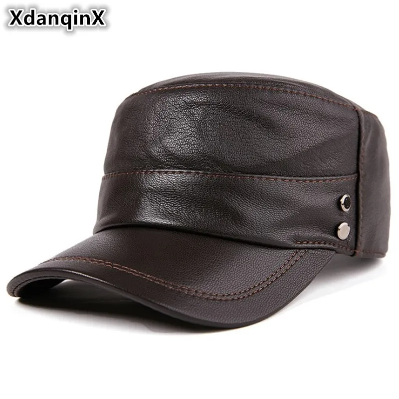 

XdanqinX Autumn Men's Flat Cap Sheepskin Military Hats Genuine Leather Hat For Men Elegant Tongue Caps Brands Dad's Snapback Cap