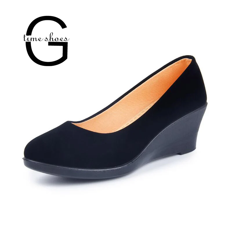 Dropshipping GTIME Wedge Women's Shoes Spring Autumn Flock Soft Women Pumps Slip on Casual Black Shoes GXJJ018