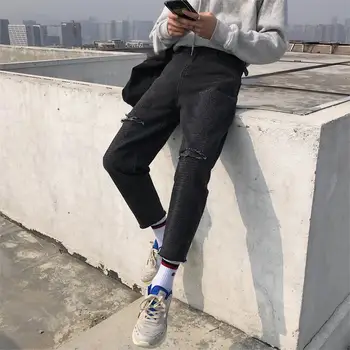 

2019 Men's Fashion Trend Printing Holes Stretch Slim Fit Jeans Mens Classic Trousers Black Color Leisure Skinny Casual Pants