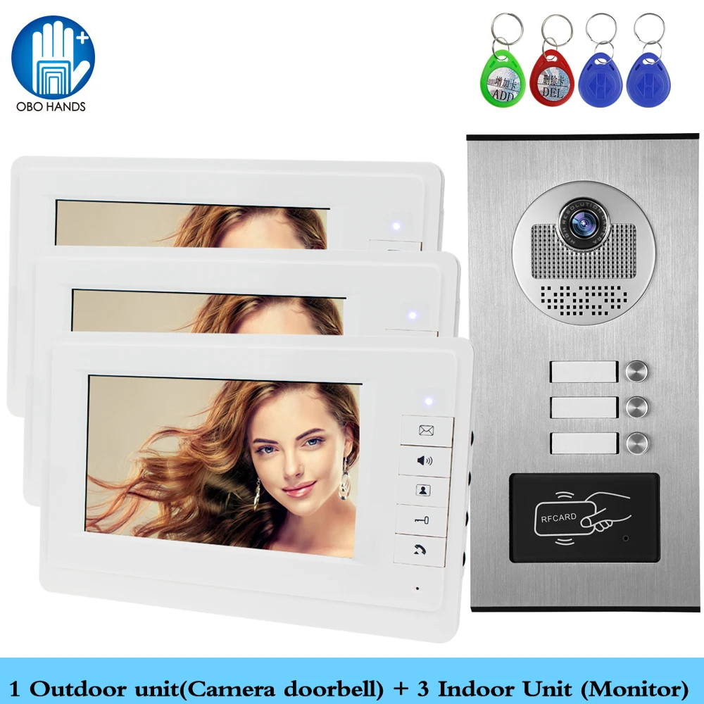 Wired Home 7 inch TFT Color Video Intercom Door Phone System RFID Camera Metal 700TVL with 2/3/4 Monitor for Multi Apartments