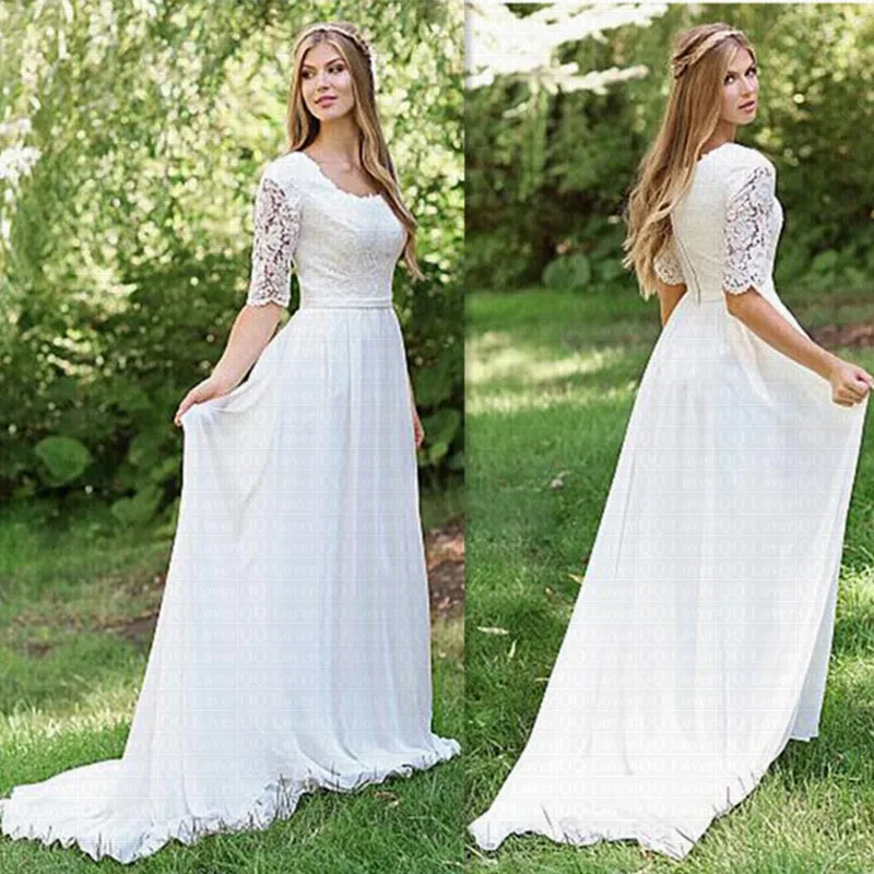 

Cheap Beach Vestido De Noiva Half Sleeves Wedding Dresses 2019 Spring Lace Bridal Gowns Robe De Mariee
