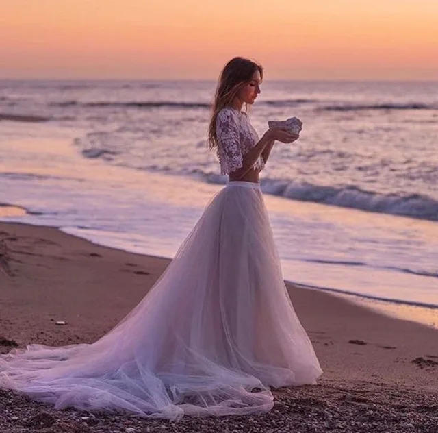 9641 10 De Réduction2019 Pas Cher Blancivoire Dentelle Plage Robes De Mariée Bohème O Cou Demi Manches Tulle Deux Pièces Boho Robe De Mariée Robe