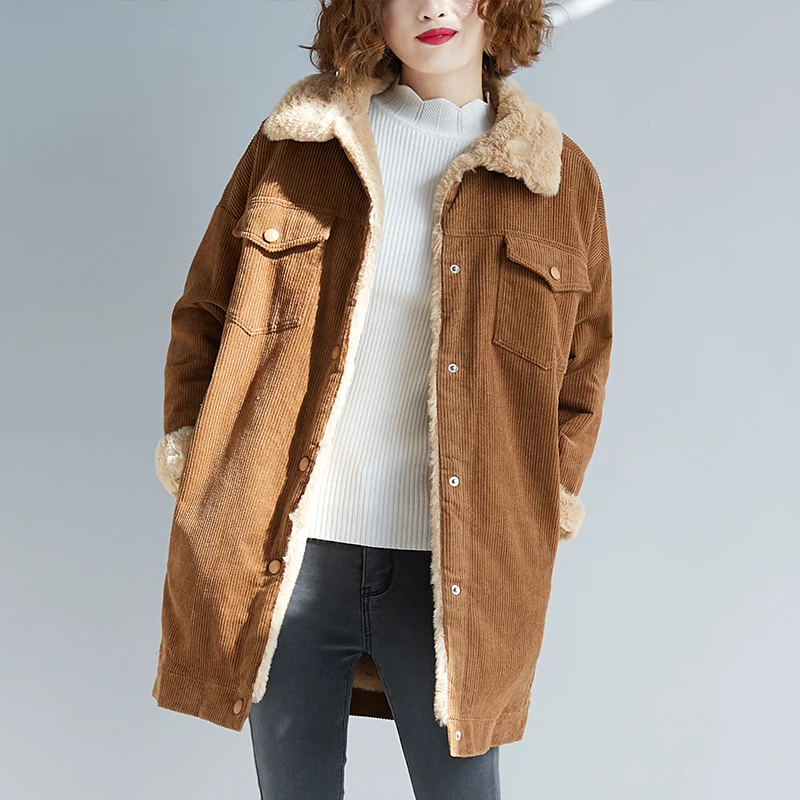 New Quality Winter Fleeced Corduroy Jackets Women Thickening Warm Wool