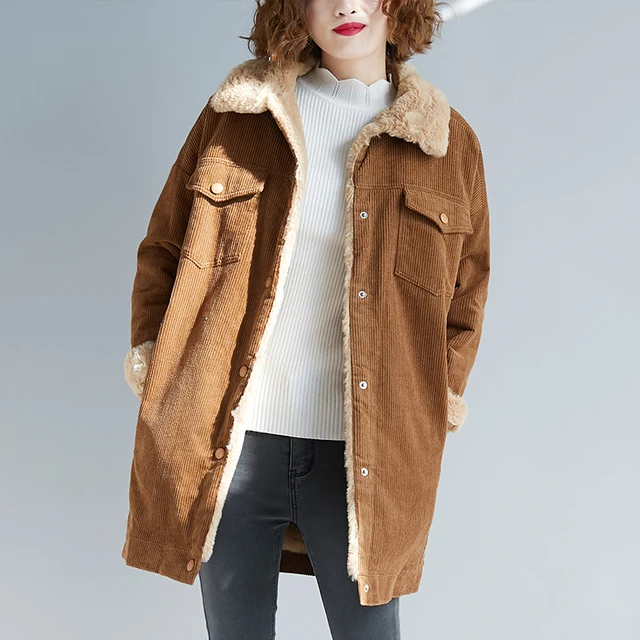 New Quality Winter Fleeced Corduroy Jackets Women Thickening Warm Wool