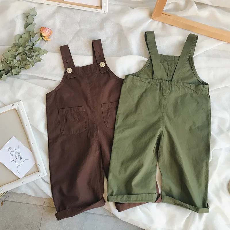 

2018 Autumn New Cotton Toddler Bib Overalls Solid Color Baby Boy Girl Bib Pants with Pocket Spring Casual Loose Infant Trousers