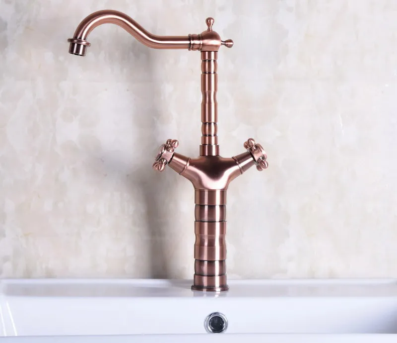 Vintage Red Copper Antique Brass Dual Cross Handles Swivel Spout Kitchen Sink Faucet Cold & Hot Mixer Tap anf127