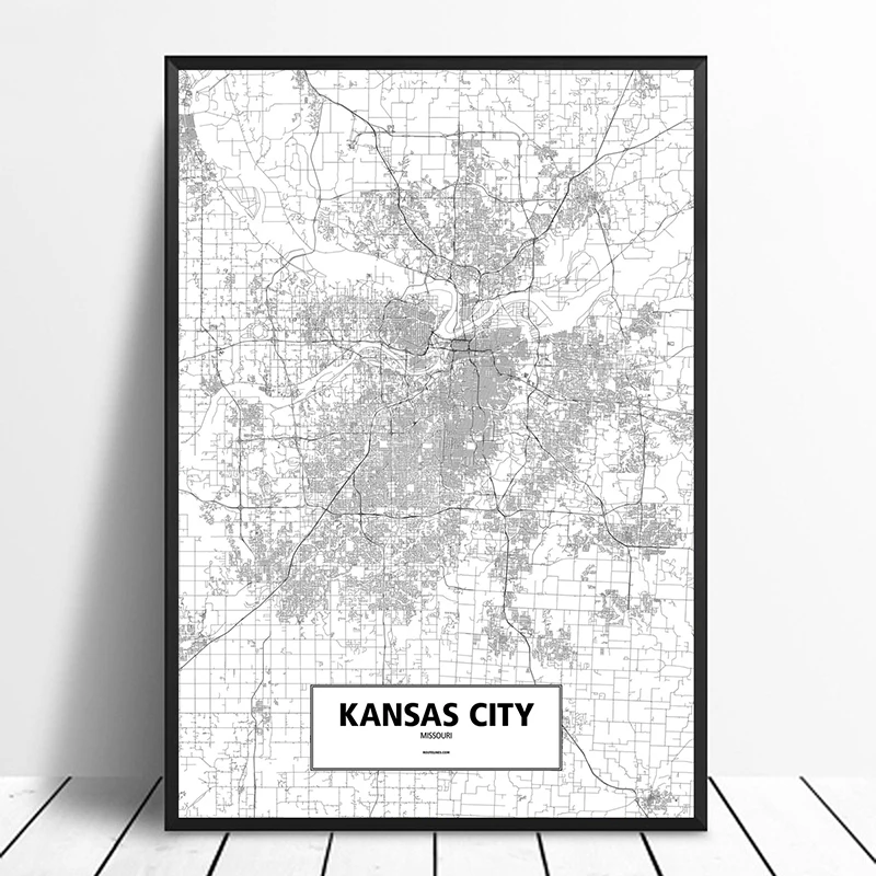 

KANSAS CITY, MISSOURI, UNITED STATES Black White Custom World City Map Poster Canvas Print Nordic Style Wall Art Home Decor
