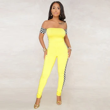 

Sexy Side Plaid ROMPERS WOMENS JUMPSUIT Off Shoulder Checkered Pants Checkerboard Sheer Long Legs Yellow Overalls Spring Summer