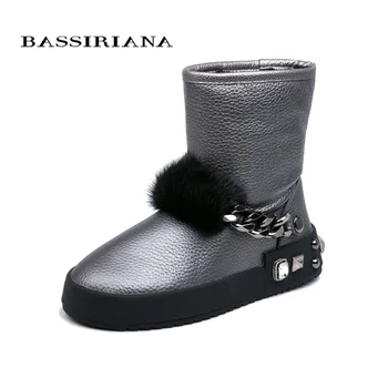 

BASSIRIANA Fashion 2018 New Winter genuine Leather Warm Winter Boots Female Snow Boots Flats Shoes High Quality Size 35-40