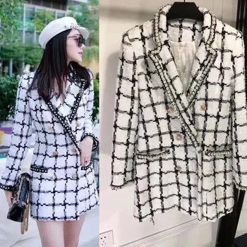 

Woman blazer 2019 fashion plaid double breasted blazer vadim temperament silm tweed women blazers for office vintage coat