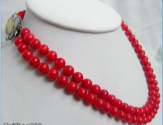 

FREE SHIPPING2 Rows 8mm Red Coral 18KWGP Shell Flower Clasp Necklace