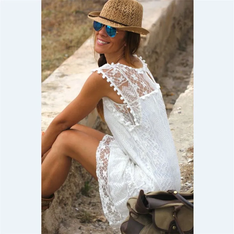 Летнее женское кружевное короткое мини-платье без рукавов, женское пляжное однотонное белое открытое повседневное женское пляжное платье