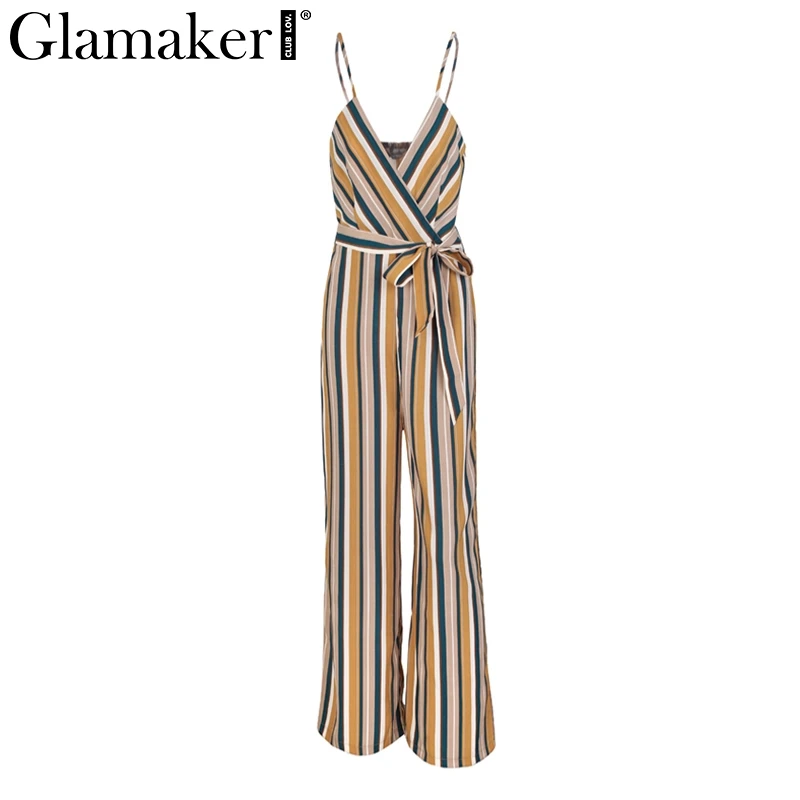 Glamaker Sexy multi striped wrap high waist jumpsuit romper Women loose belt long summer playsuit Female strap overalls|jumpsuits rompers