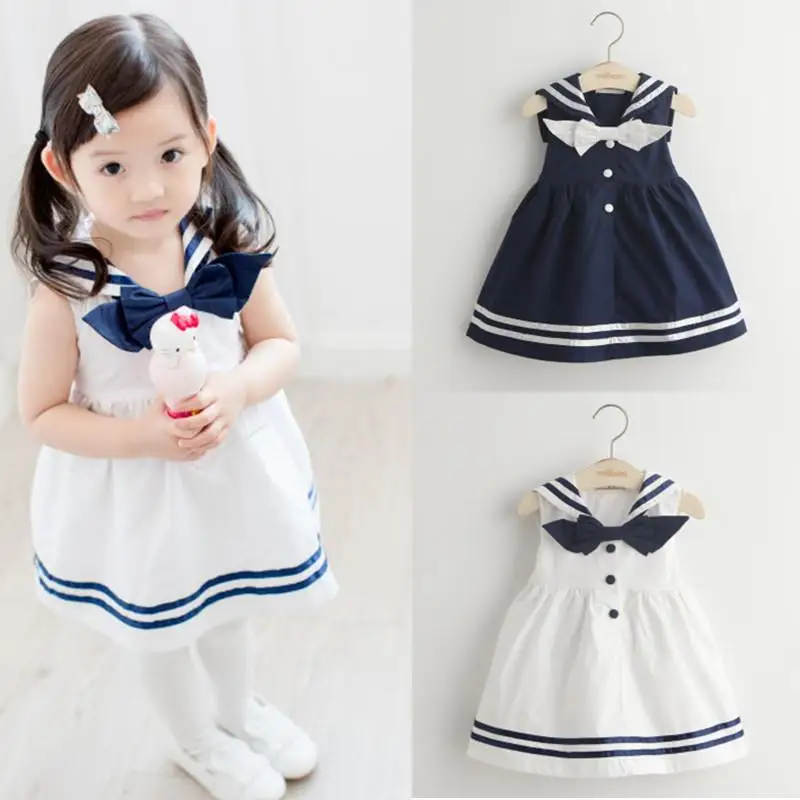 

Girls Dresses 2017 New Summer Sleveless Children's Dresses White and Navy Blue Kids Dresses for Girls
