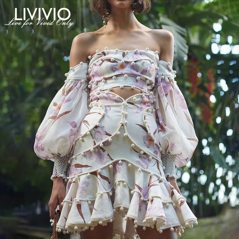 

[LIVIVIO] Patchwork Hair Bulb Print Two Piece Set Female Slash Neck Puff Sleeve Crop Tops High Waist Skirts Womens Suits 2019